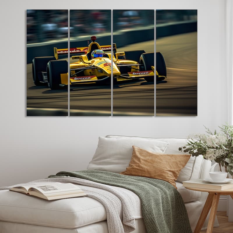 Designart "Speedway Formula Car Rush I" Sports Metal Wall Art Set Bed